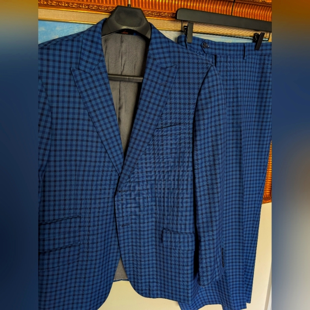 Blue Checked Men's Suit Jacket & Trousers